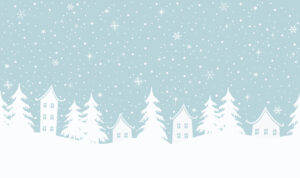 Winter background. Christmas village. Seamless border. Fairy tale winter landscape. White houses, fir trees on light blue background. Vector illustration